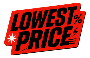 Bold red rectangular sticker with LOWEST % PRICE offer in dynamic style, eye-catching retail promo on transparent background.