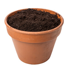 Brown pot filled with dark soil isolated on white background for gardening and planting content themes
