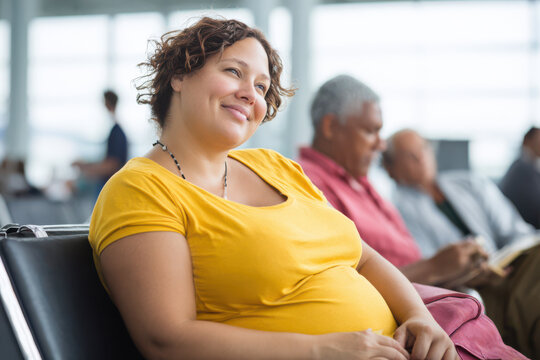 Modern plus size woman sitting confidently at airport gate with luggage waiting for her flight