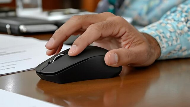 Hand using mouse on wooden desk with documents showing technology and work environment in office computer setup for productivity and focus