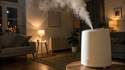 Cool mist from an air humidifier spreads in a softly illuminated modern living room at night, enhancing comfort, air quality, and cozy evening ambiance