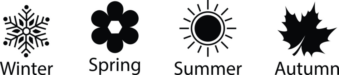 Four seasons icons set. Winter, spring, summer and autumn. Weather forecast signs. Snowflake, flower, leaf and sun vectors illustration in black flat designs isolated on transparent background..