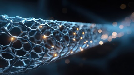Carbon Nanotubes. A futuristic representation of a hexagonal network emitting light in a dark background.