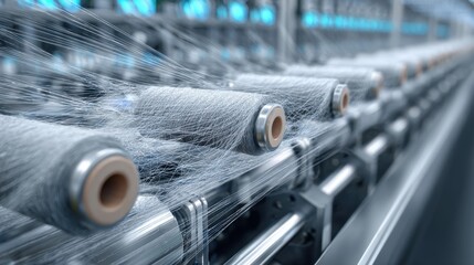 Carbon Nanotubes. Industrial machinery with spools of thread in a textile factory showcasing motion and production efficiency.