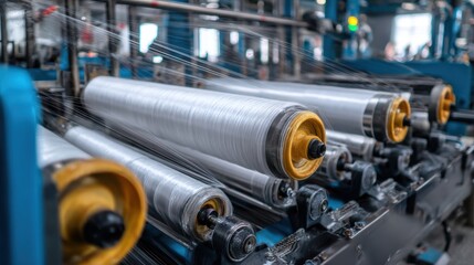 Carbon Nanotubes. Industrial machinery with spools of thread in a textile production environment.
