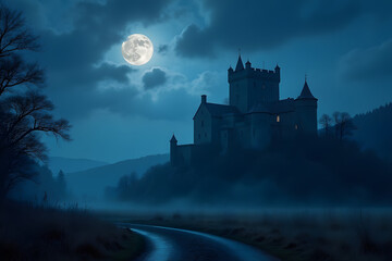 A moonlit castle casts long shadows over a quiet moor.
