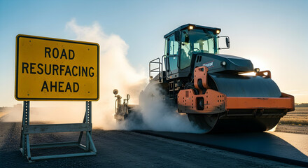 Roadwork Machinery Smoothing New Asphalt Surface With A Road Resurfacing Sign