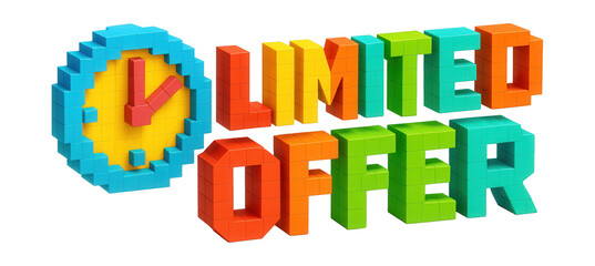 Block-style letters spell LIMITED OFFER with a pixelated clock, colorful promo sticker on transparent background.
