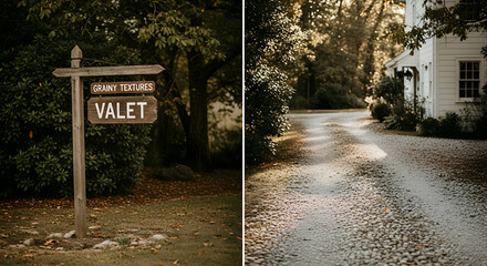 Tranquil Estate Entrance With A Wooden Valet Sign Amidst Nature's Serenity