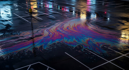 Iridescent Stain On Wet Asphalt Of Parking Lot At Night Reflection
