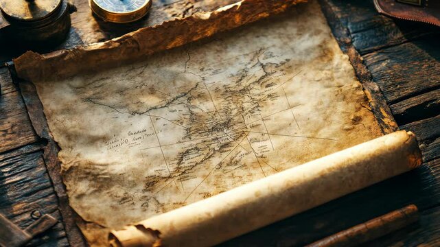 Ancient treasure map spread on a rustic wooden table with compasses and artifacts in the background