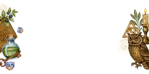 Horizontal banner with magic owl, potion bottle, candle, crystals, key, and leaves. Watercolor drawing in fantasy style on white background. Perfect for headers, invitations, or labels.