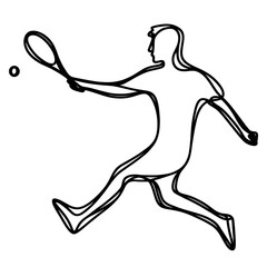 Tennis player icon. Continuous one line drawing of tennis player. Tennis player with racket and ball in one line style, isolated on white background. Vector illustration.