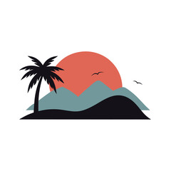 Tropical sunset over hills in clean vector design for vacation and peaceful landscape
