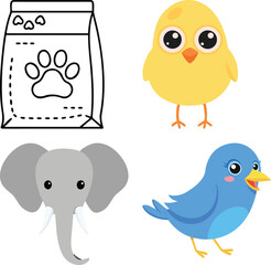 Vector art of a bag of pet food, a cute yellow chick, a gray elephant, and a blue bird are featured in this adorable vector illustration