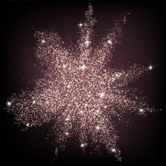 Dazzling explosion of sparkling rose gold glitter and stars against dark dramatic background. Vector shimmering digital dust with magical effect.