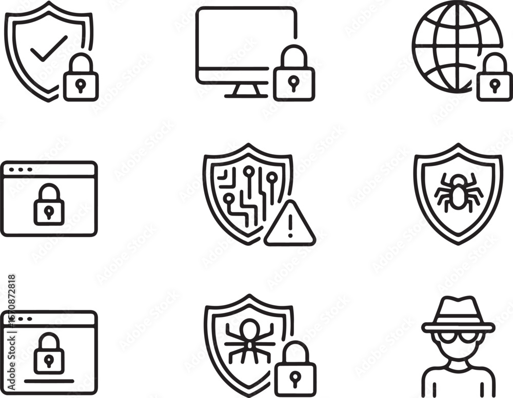 Poster cyber security icons depicting online safety measures and threat protection for computers and networ