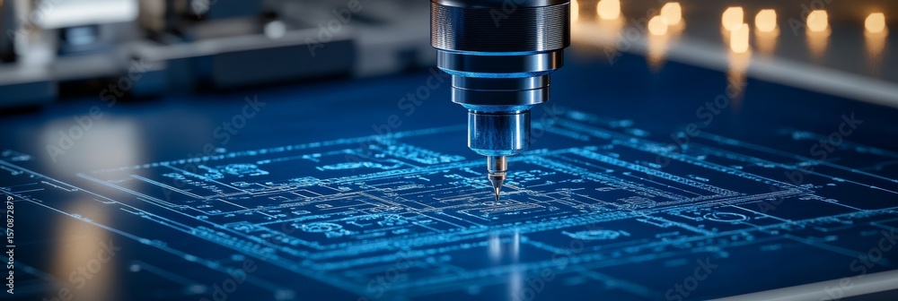 Poster advanced precision cnc milling station carving complex designs on engineering blueprints in workshop