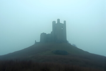 A ruined castle tower stands alone on a hill under thick fog.
