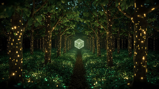 Magical Forest with Glowing Cube, Enchanted Woods Digital Art, Fantasy Forest Tech Integration
