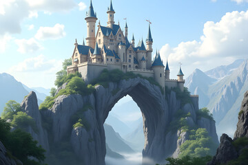 An ornate castle built atop an arch-shaped mountain.
