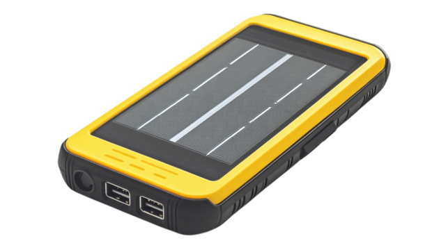 • A portable, solar-powered portable charger for devices, isolated on white background in HD 