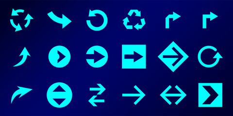A collection glowing blue arrow designs, ideal for  high-tech interfaces.