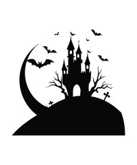 Creepy Graveyard with Crosses, Bats & Old Fence Silhouette Halloween Vector