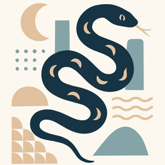 Fototapeta premium Abstract Snake With Geometric Shapes Minimalist Art