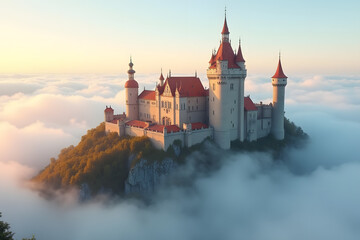 A medieval castle with red roofs peeks above a blanket of morning clouds.
