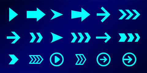 A collection glowing blue arrow designs, ideal for  high-tech interfaces.