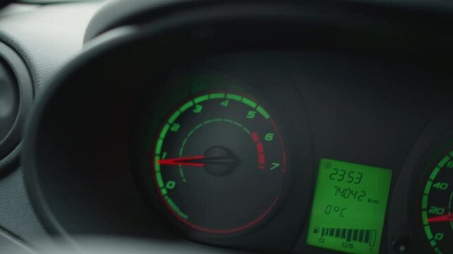 Dashboard close up with green illuminated dash cluster showing tachometer at 900 rpm, speedometer at 45 kmh, odometer at 74042 km, digital display indicating 0 C temperature during wet urban drive