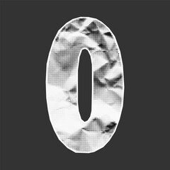 Number 0 with crumpled paper texture and jagged edges. Gritty halftone effect, ransom collage style with stipple dots and retro school vibes.