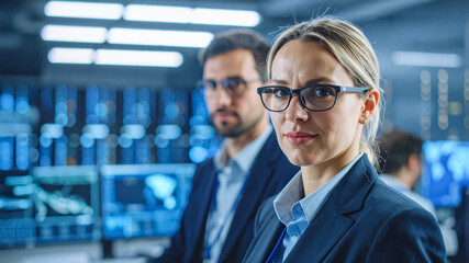 Two professionals, a woman and a man, are working in a control room with multiple screens in the background. The woman is in the foreground, wearing glasses and looking directly at the viewer.