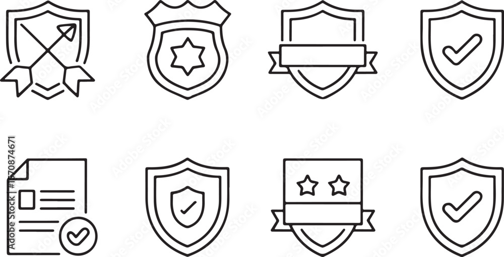 Poster set of protection and security icons security badges and shields outlines with bow and arrow, checkm