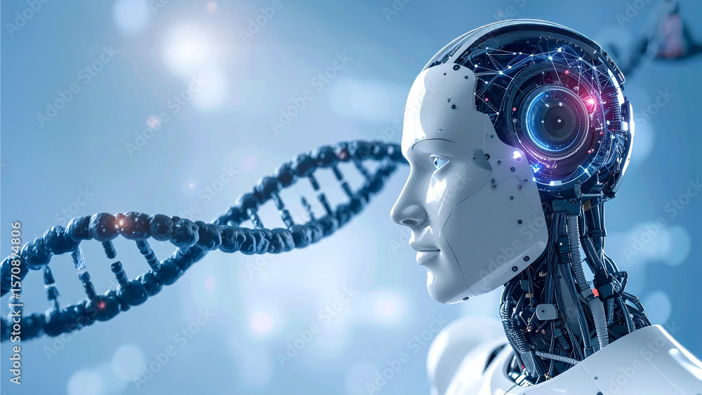Aufkleber an advanced ai robot with a dna helix in the background, the future of technology