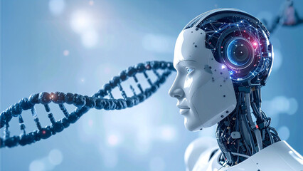 An advanced AI robot with a DNA helix in the background, the future of technology