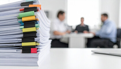 A stack of documents secured with colorful clips, hinting at important business activities. Three figures are seen blurred in the background, seemingly in a meeting