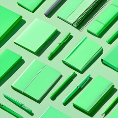 Assorted mint green notebooks and pens, flat lay composition.  Possible use for office supplies catalog or stationery brand