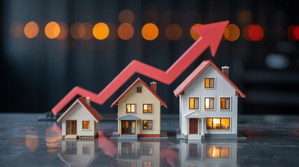 A real estate market concept photograph featuring three miniature model houses of increasing sizes arranged in ascending order from left to right, with a red upward-trending arrow graph behind them.