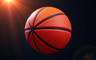 Fototapeta premium Basketball in mid-air with a dark background and light flare.
