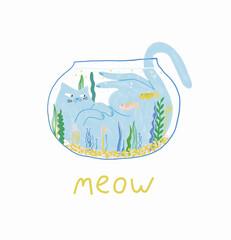 Funny cat lies inside aquarium.