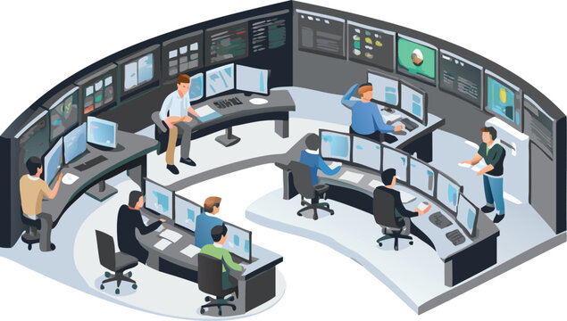 Illustration of a busy control room with multiple operators and computer monitors in a curved layout