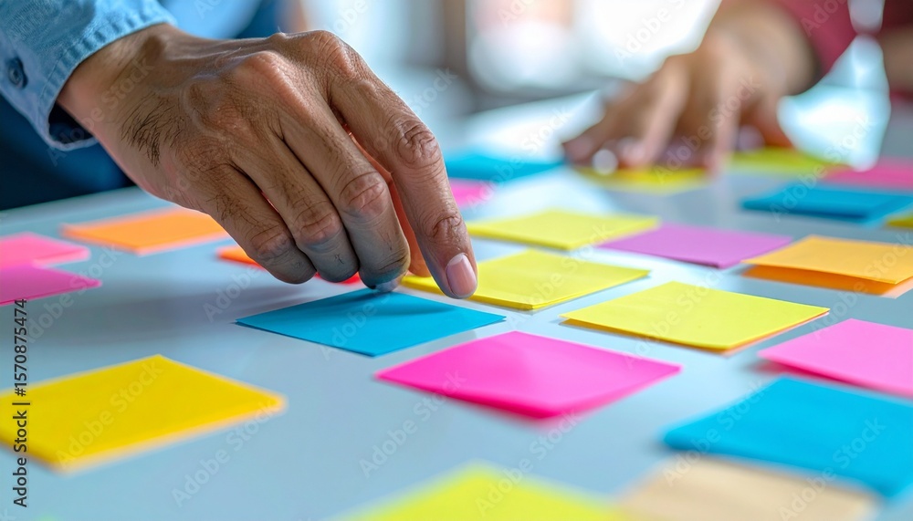 Poster close-up of hands arranging colorful sticky notes on a table, planning a project or brainstorming id