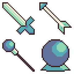 Mini Pixel Icon Set of Various Fantasy Weapons Item in Green Tone