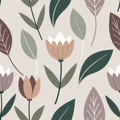 Seamless minimal floral pattern design featuring abstract flowers and leaves in muted colors for backgrounds