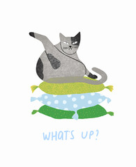 Funny cat is sitting on a stack of pillows