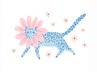 Colorful isolated naive cat among flowers