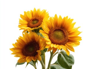 Obraz premium Three vibrant sunflowers, golden yellow petals surrounding dark brown centers, with green leaves, isolated on a white background