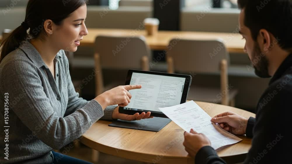 Poster a woman points to charts on a tablet while discussing a report with a man